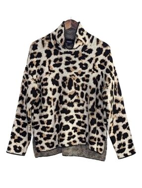 DKNY Oversized Funnel Neck Sweater Leopard Print Hi-Low Cozy Mob Wife Size L